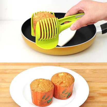 Tomato Slicer Holder, Fruit Cutting Guide Tool, Onion Lemon Potato Slicer, Safe Hand Guard Kitchen Tool with Handle, Even Slice Cutter (Green)