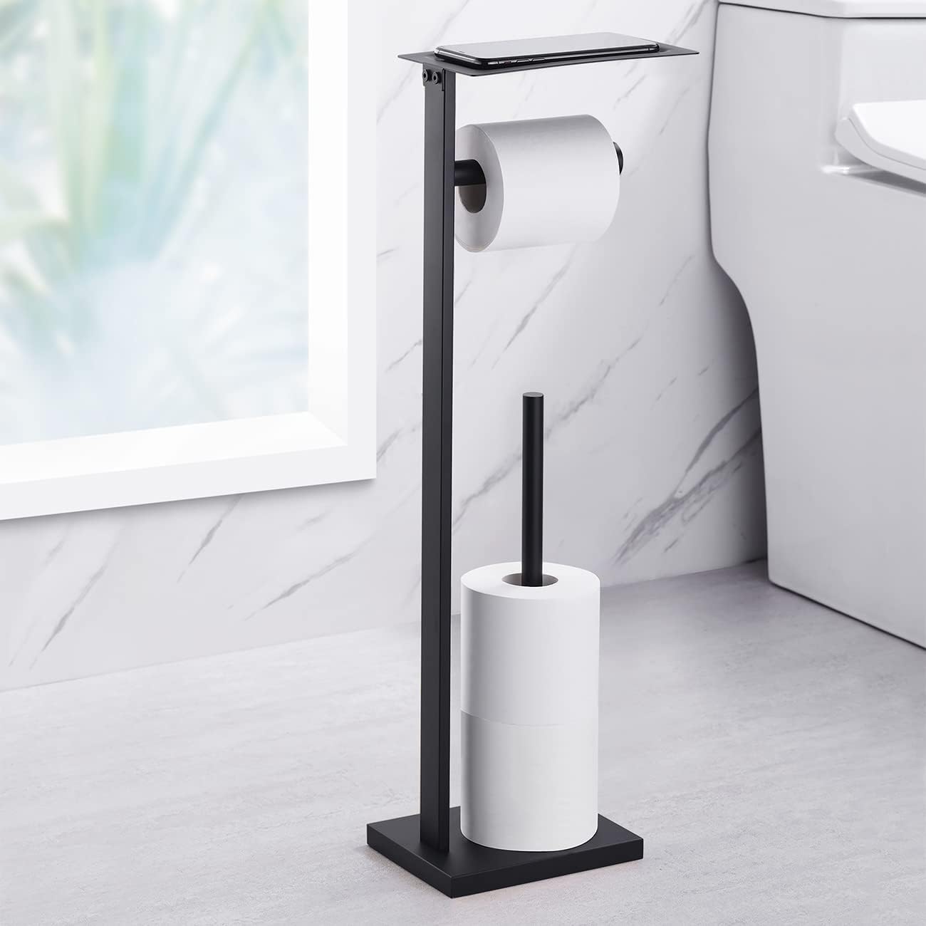 Miyili Matte Black Freestanding Toilet Paper Holder with Shelf, Premium SUS 304 Stainless Steel Bathroom Storage Organizer & Paper Towel Dispenser