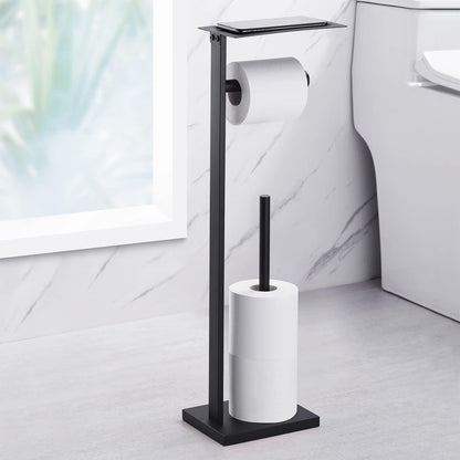Miyili Matte Black Freestanding Toilet Paper Holder with Shelf, Premium SUS 304 Stainless Steel Bathroom Storage Organizer & Paper Towel Dispenser