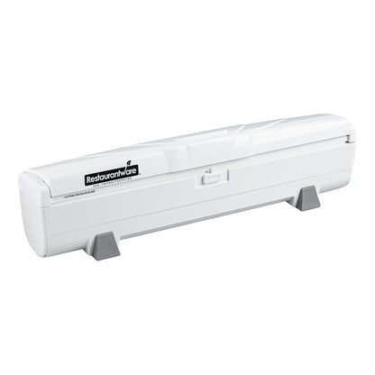 Restaurantware-Chef 101 Food Wrap Dispenser with Cutter, 1 Refillable Cling Wrap Dispenser - Fits 12” to 18” x 1000’ Rolls, Press Down and Cut, White Plastic Aluminum Foil, Sharp Blade