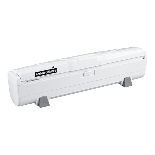 Restaurantware-Chef 101 Food Wrap Dispenser with Cutter, 1 Refillable Cling Wrap Dispenser - Fits 12” to 18” x 1000’ Rolls, Press Down and Cut, White Plastic Aluminum Foil, Sharp Blade