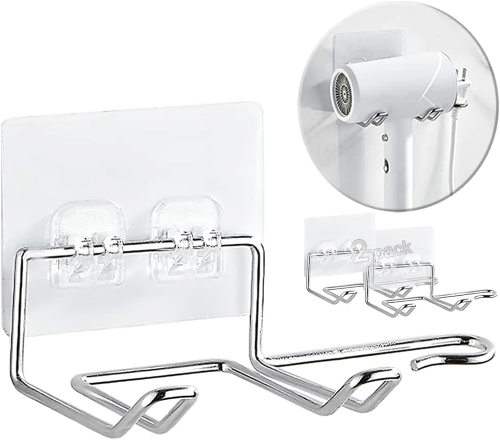 2 Pack Hair Dryer Holder, Wall Mount Self Adhesive Waterproof Blow Dryer Rack Storage Organizer Hanger, Compatible with Dyson and Most Hair Blower Appliance, Brush, Curling Iron, Straightener