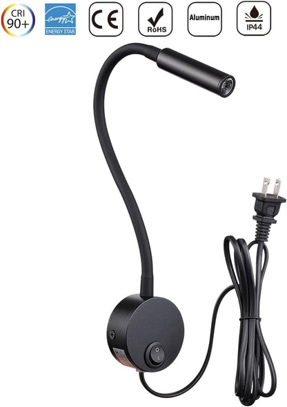 Wall Mounted LED Reading Lamp Focused 25° Spotlight for Bedroom headboard Marine Cabin Boat Yacht Interior Light Hotel Suite Hospital Patient Room Bedside Sconce 4.92ft Cord