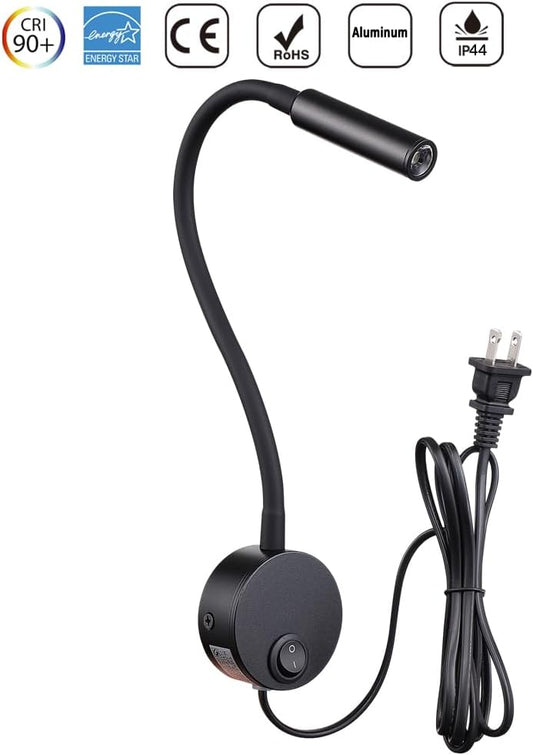 Black Bed Reading Lamp, Wall Mounted 25°Focus Light with 6000K Pure White LED, AC85-265V Adjustable Neck Task Lamp for Bedside, Dorm Bunk Bed, Studio, Marine,Hospital & Hotel, 4.92ft Cord