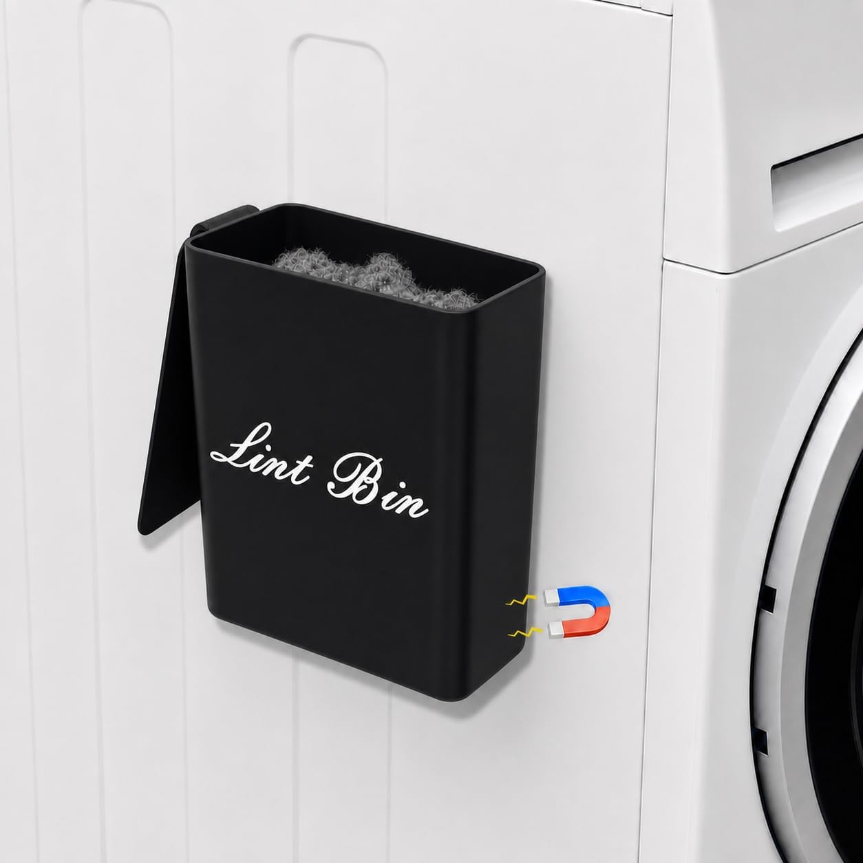 Artilife Magnetic Dryer Lint Bin with Lid, 6 x 5 in White ABS Plastic | Compact 1.8L dryer lint holder mounts to metal appliances without tools; fitted lid hides lint and sheets for laundry room