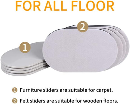 Ezprotekt Large Furniture Sliders for Carpet and Hardwood Floors, 8 Pack 9-1/2" x 5-3/4" Reusable Oval Heavy Duty Furniture Moving Pads, 4 Pcs Hard Floor Felt Sliders+4 Pcs Carpet Sliders (Beige)