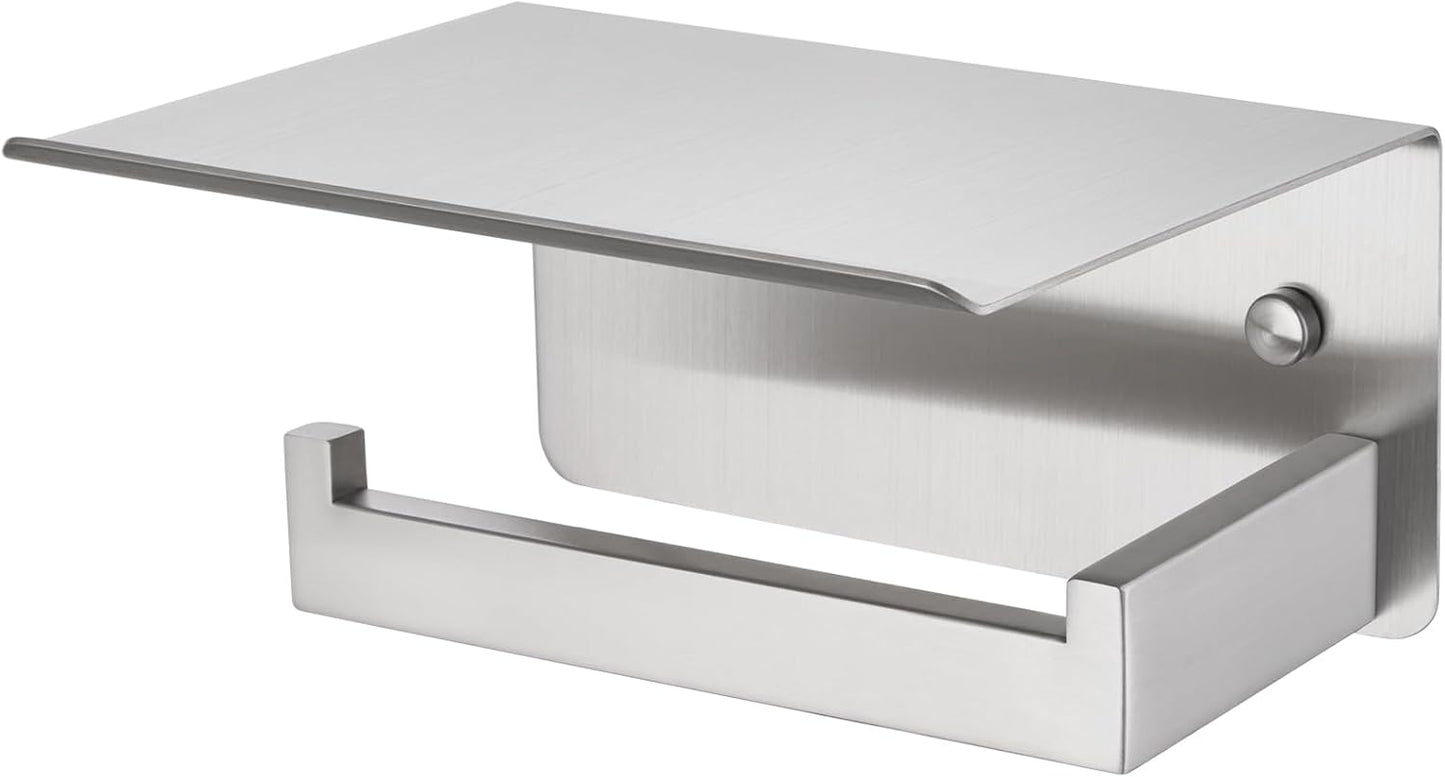 APLusee Toilet Paper Holder with Shelf for Wall, Left Side, Brushed Nickel | Robust 304 Stainless Steel, Drilling Wall Mounted, Fits for Bathroom, Restroom, Vanity, Kitchen, Paper Roll & Phone Storage