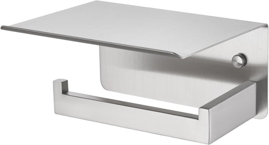 APLusee Toilet Paper Holder with Shelf for Wall, Left Side, Brushed Nickel | Robust 304 Stainless Steel, Drilling Wall Mounted, Fits for Bathroom, Restroom, Vanity, Kitchen, Paper Roll & Phone Storage