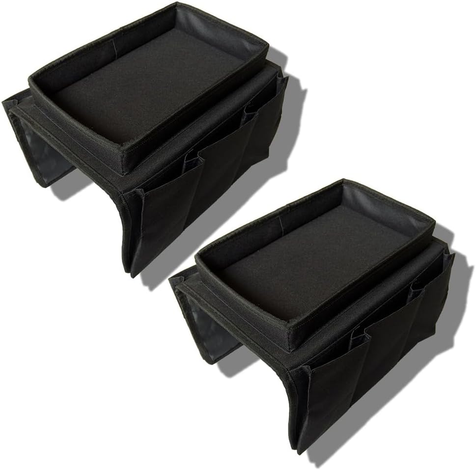 Sofa Armrest Organizer, Couch TV Remote Storage Organizer with Pockets for Recliner Armchair Snacks Glasses Smartphone Magazines Pouch (Black)