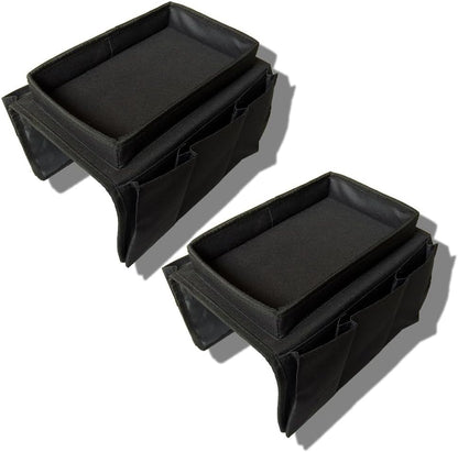 Sofa Armrest Organizer, Couch TV Remote Storage Organizer with Pockets for Recliner Armchair Snacks Glasses Smartphone Magazines Pouch (Black)