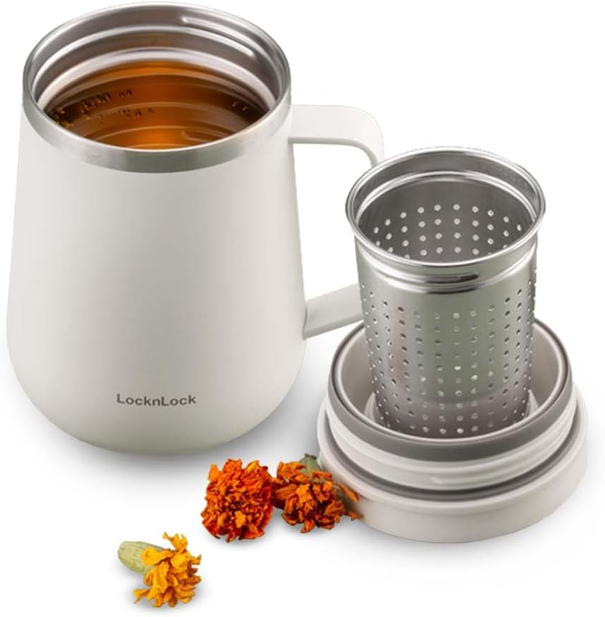 LocknLock Metro Tea Mug Mint 13oz/400ml, Tea and Coffee Mug Cups with Tea Infuser Strainer, Lid and Handle, Double Wall Stainless Steel Vacuum Insulated Travel Tumbler