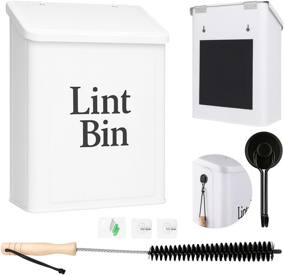 Magnetic Lint Bin for Laundry Room Organization & Storage, Wall-Mounted Dryer Lint Bin Trash Can with Lid, Lint Box Includes Brush, 2 White Hooks, 1 Black Hook, Screws & Magnet Glue (White)