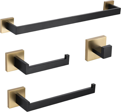 TURS Bathroom Hardware Set Black 4-Piece Towel Bar Set Include 24 Inch Towel Bar Hand Towel Holder Towel Hook Toilet Paper Holder with Shelf Wall Mounted Stainless Steel Bathroom Accessories Set
