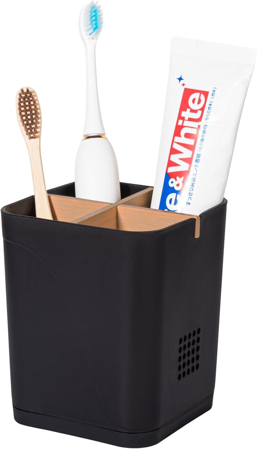 Electric Toothbrush Holder Tooth Brush and Toothpaste Organizer, Black | 3 Slots, Drainage Holes, Removable Bamboo Divider, Ventilation Design, Space-Saving, for Bathroom Countertop, Shower, Vanity