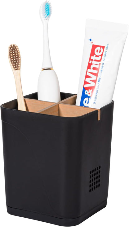 Electric Toothbrush Holder Tooth Brush and Toothpaste Organizer, Black | 3 Slots, Drainage Holes, Removable Bamboo Divider, Ventilation Design, Space-Saving, for Bathroom Countertop, Shower, Vanity