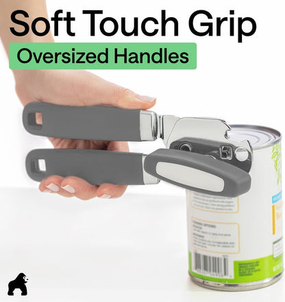 GORILLA GRIP Original Model Stainless Steel Smooth Edge Manual Can Opener and Bottle Openers, US Designed, Comfortable Handle, Oversized Handheld Turn Knob, Multifunctional Kitchen Tool, Gray