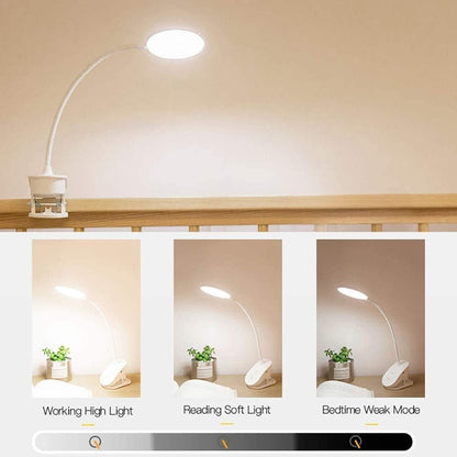 Clip on Reading Lamp, Battery Powered with 3 Brightness Levels, USB Rechargeable