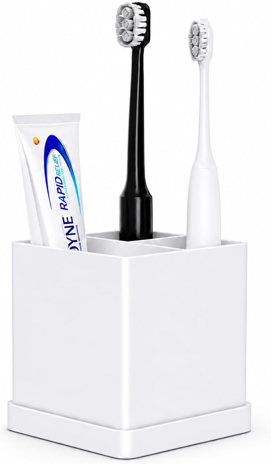 Silicone Toothbrush Holders for Bathrooms with Drainage Tray, White Marble | 3 Slots Unbreakable Countertop Electric Tooth Brush and Toothpaste Holder Organizer Stand, Marble Bathroom Accessories Decor