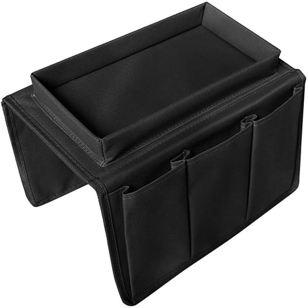 Sofa Armrest Organizer, Couch TV Remote Storage Organizer with Pockets for Recliner Armchair Snacks Glasses Smartphone Magazines Pouch (Black)