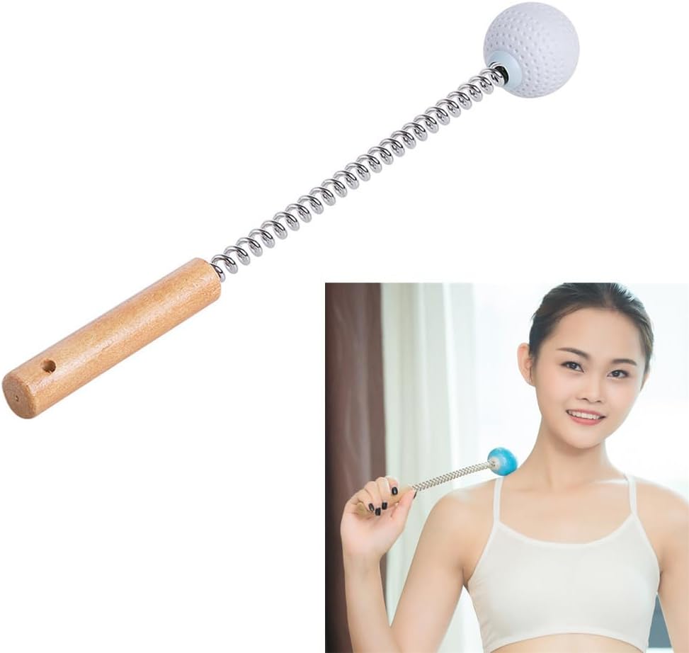 1 Pack Golf Ball Massager Hammer with Spring Wooden Handle Handheld Massage for Pain Relief Neck Back Massager Ball Manual Massage (Gray)