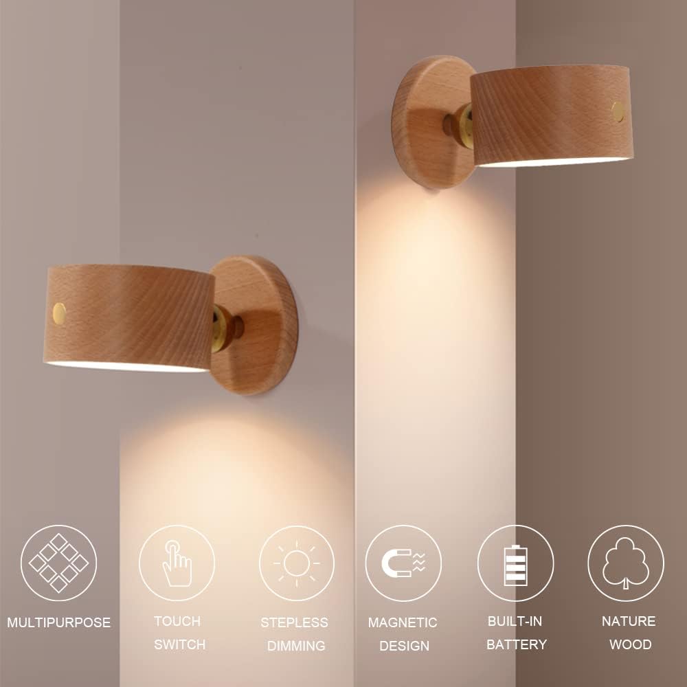 Wood Wall Sconce Cordless,Magnetic Wall Mounted(Sapele) | USB C Rechargeable, Dimming Night Light,for Bedside,Cabinet,Reading,Home Decor