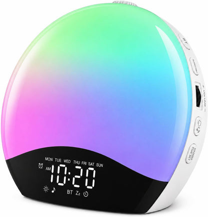 JALL Full Screen Dimmer Sunrise Alarm Clocks for Bedrooms, Wake Up Light with FM Radio, 25 White Noise Sleep Sounds, Bluetooth Speaker, Dual Alarms Bedside Clock for Heavy Sleepers