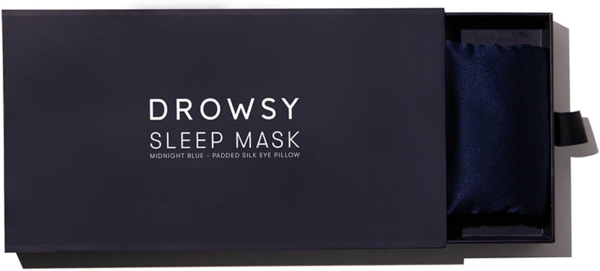 DROWSY Silk Sleep Mask - Face-Hugging, Padded Cocoon for Luxury Sleep in Total Darkness - 100% Pure Mulberry Silk, Skin-Hydrating & Adjustable (Midnight Blue)