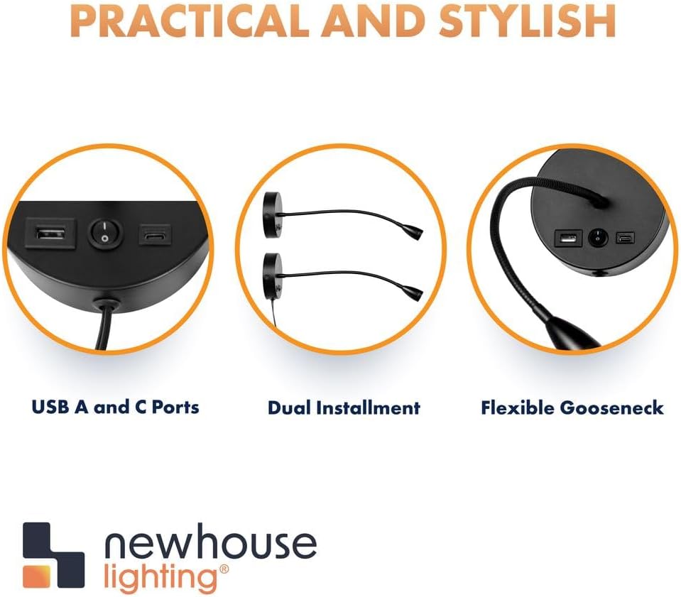 Newhouse Lighting 4.5 in. W x 15 in. H Cole Gooseneck Reading Light in Matte Black with USB-A and USB-C Charging Ports NHRL-CO-BLK, Bedside Lamp for Nightstands, Space-Saving Office Desk Accessory