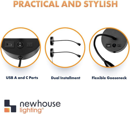 Newhouse Lighting 4.5 in. W x 15 in. H Cole Gooseneck Reading Light in Matte Black with USB-A and USB-C Charging Ports NHRL-CO-BLK, Bedside Lamp for Nightstands, Space-Saving Office Desk Accessory