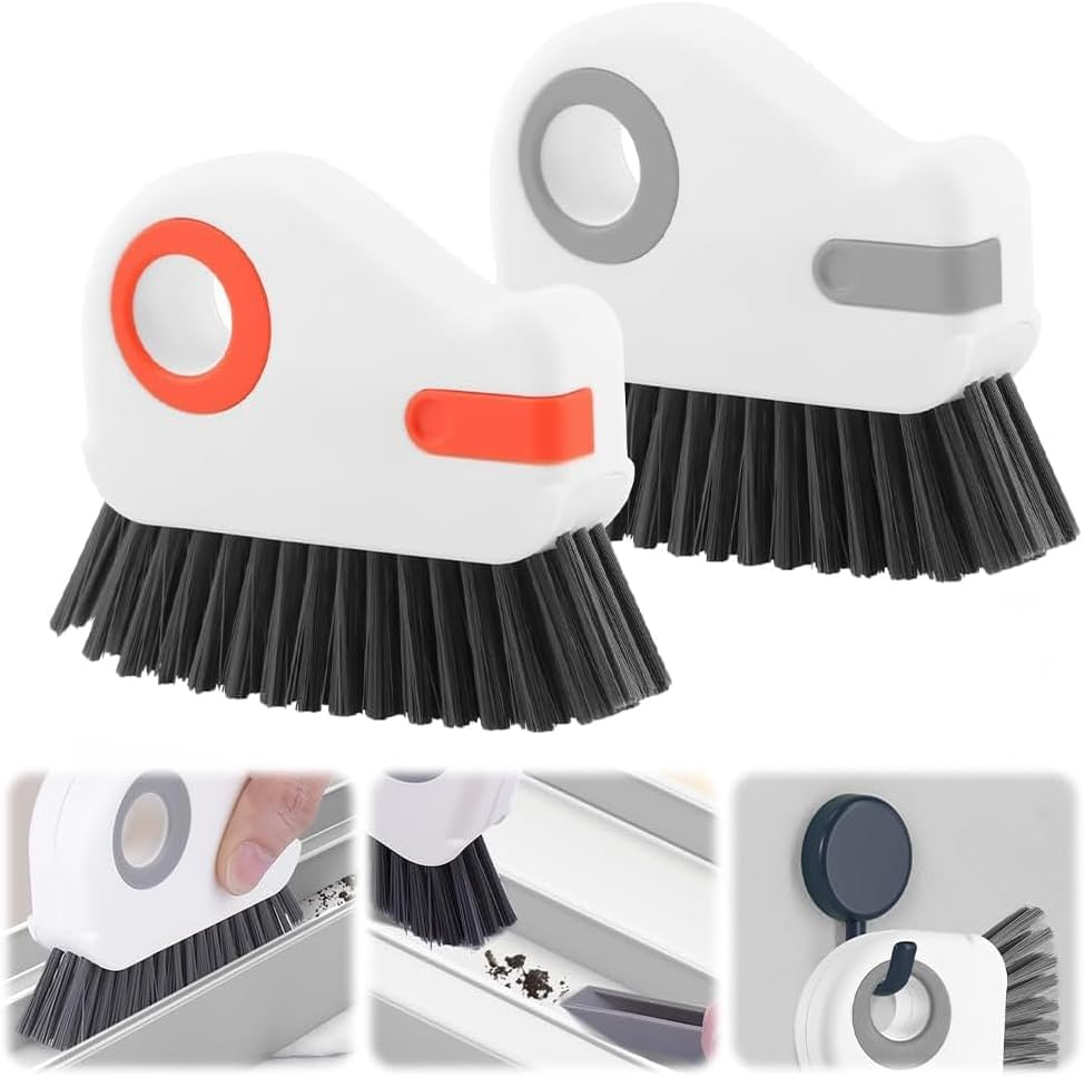 2 in 1 Groove Cleaning Brush, Window Track Cleaner Brush with Hidden Scraper, Crevice Cleaning Brush for Sliding Door Track, Window Sill, Narrow Gaps, Kitchen & Bathroom Cleaning Tool (White)