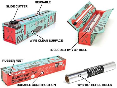 ChicWrap Carrara Marble Aluminum Foil Dispenser - Includes 12"x30' roll | Reusable Aluminum Foil Dispenser with Four Non-Slip Rubber Feet