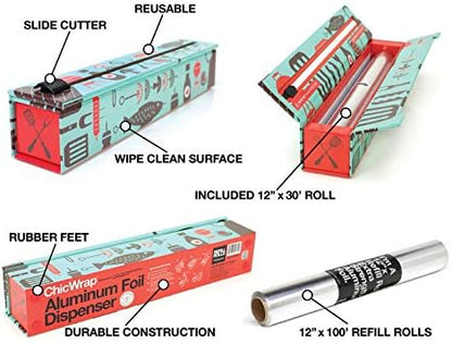 ChicWrap Carrara Marble Aluminum Foil Dispenser - Includes 12"x30' roll | Reusable Aluminum Foil Dispenser with Four Non-Slip Rubber Feet