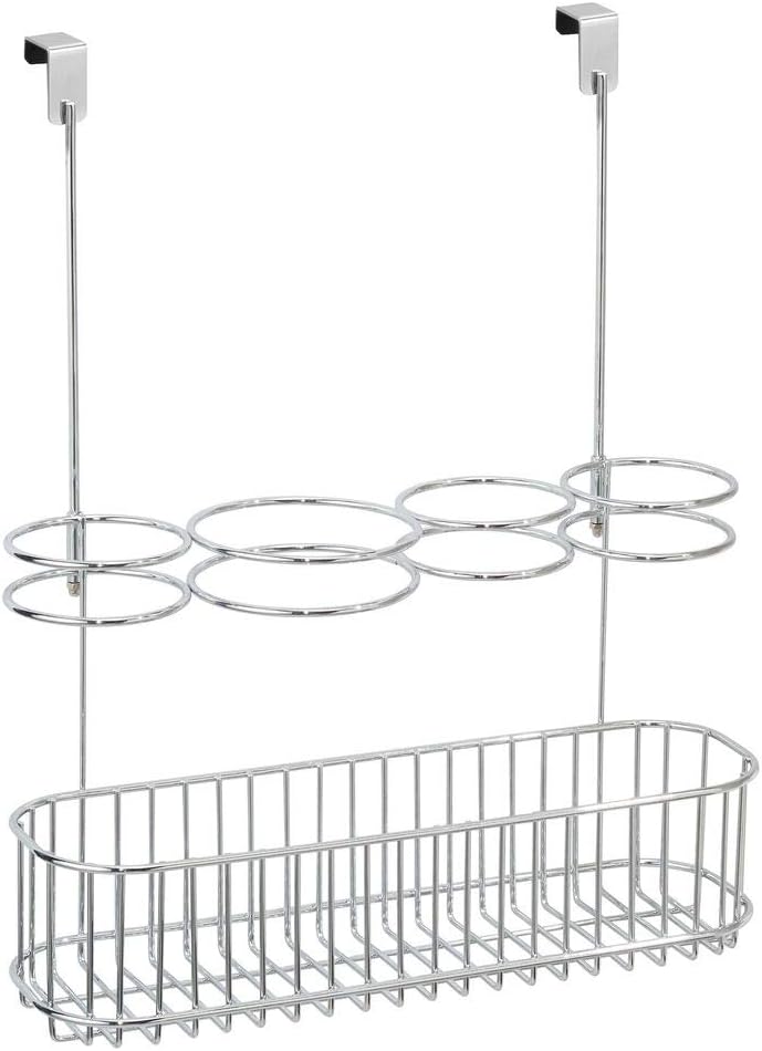 mDesign Metal Over Door Bathroom Hair Care & Styling Tool Organizer Storage Basket for Hair Dryer, Flat Irons, Curling Wands, Hair Straighteners - Hang Inside/Outside Cabinet Doors - Chrome