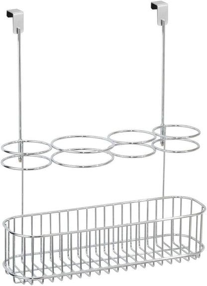 mDesign Metal Over Door Bathroom Hair Care & Styling Tool Organizer Storage Basket for Hair Dryer, Flat Irons, Curling Wands, Hair Straighteners - Hang Inside/Outside Cabinet Doors - Chrome
