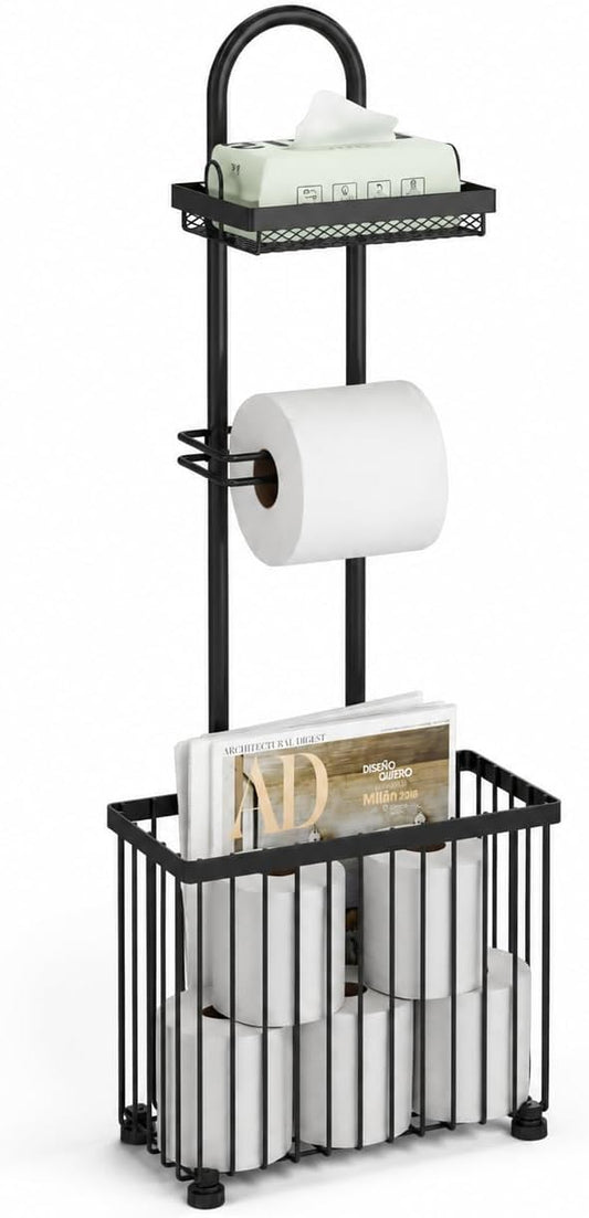 Freestanding Toilet Paper Holder Toilet Tissue Rack Scroll Stand Roll Dispenser with Storage Shelf Reserve for Phone Tablet Magazine Bathroom Organizer Bath Tissue Organizer (Silver)