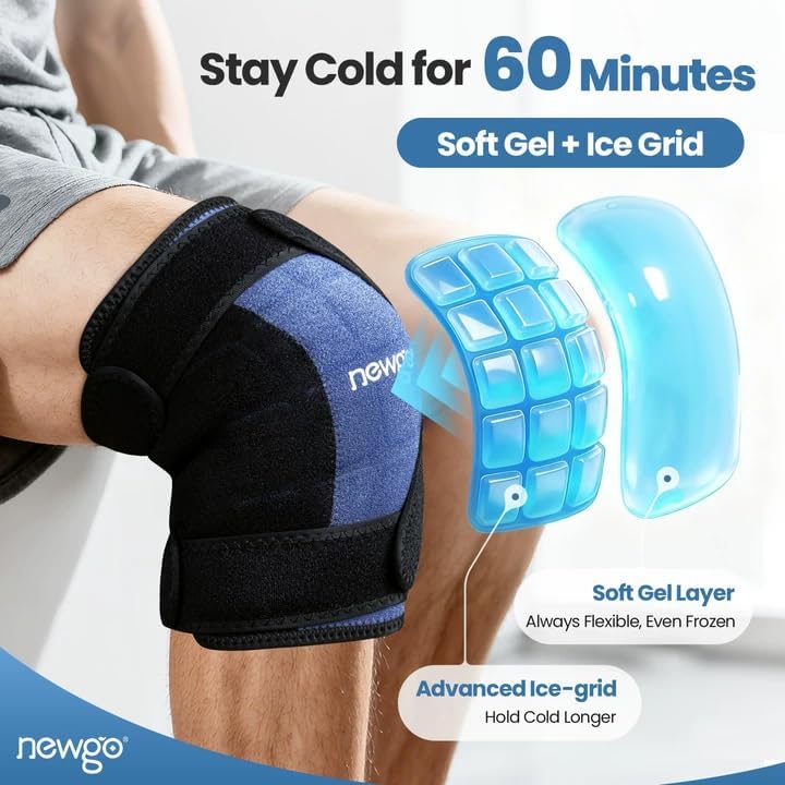 NEWGO 360° Knee Ice Wrap, 60-Min Cold Therapy with Ice Grid