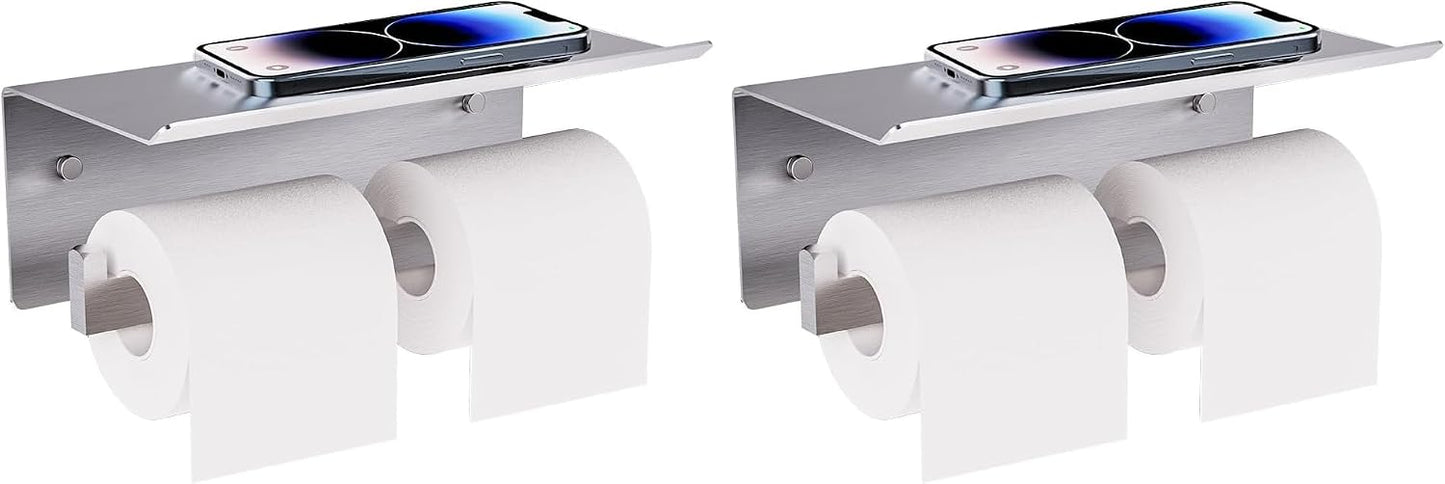 Double Toilet Paper Holder with Shelf, FreshGlow Large Tissue Holder Brushed Nickel, Wall Mount Commercial Toilet Paper Dispenser Phone Shelf Stainless Steel, Tissue Roll for Bathroom