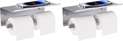 Double Toilet Paper Holder with Shelf, FreshGlow Large Tissue Holder Brushed Nickel, Wall Mount Commercial Toilet Paper Dispenser Phone Shelf Stainless Steel, Tissue Roll for Bathroom