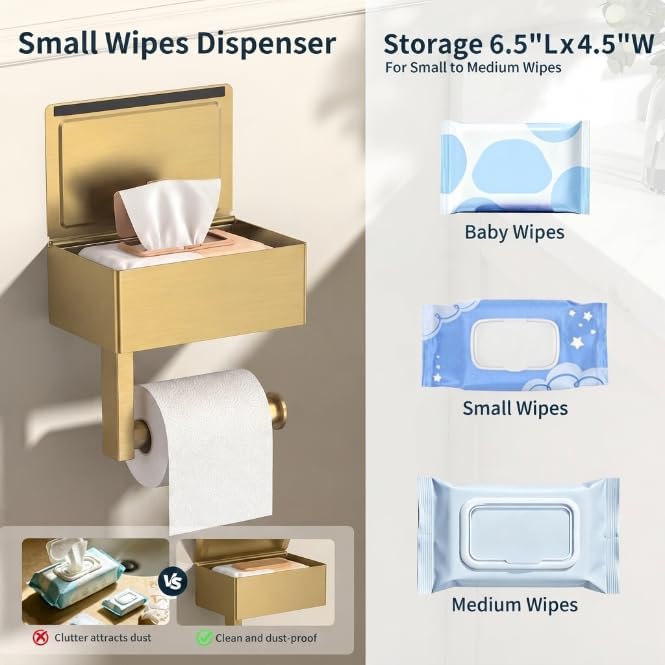 FORIOUS Toilet Paper Holder with Shelf, Wall-Mounted Modern Wipes Dispenser | Brushed Nickel | Toilet Paper Holder with Storage for Bathroom | Fits Wipes, Sanitary Napkin, Tampon | 8.0"x5.3" Large Shelf