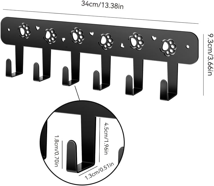 Dog Leash Holder for Wall, Extra Wide 6 Hook Key Rack with Pet Paw Print & Heart, Matte Black Rust-Proof Pet Organizer for Thick Leashes & Keys, Perfect for Mudroom & Entryway, Dog & Cat
