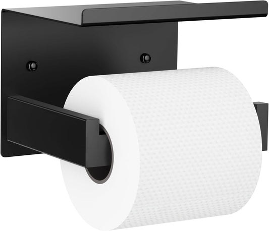 Auxmir Toilet Paper Holder with Shelf, Self Adhesive or Screw Mount, Black | Rustproof SUS304 Stainless Steel with Phone Shelf, Square Anti-Slip Bar, Fits Mega Rolls, Adhesive or Screw Installation