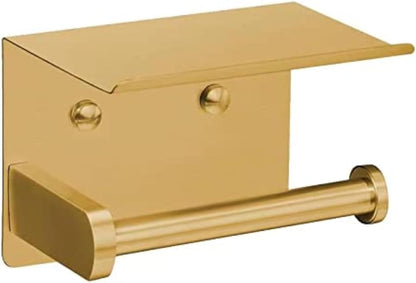 VAEHOLD Self Adhesive Toilet Paper Holder with Phone Shelf Stainless Steel Wall Mounted Toilet Paper Roll Holder - Rustproof and Bathroom Washroom Tissue Roll Holder with Shelf - Black