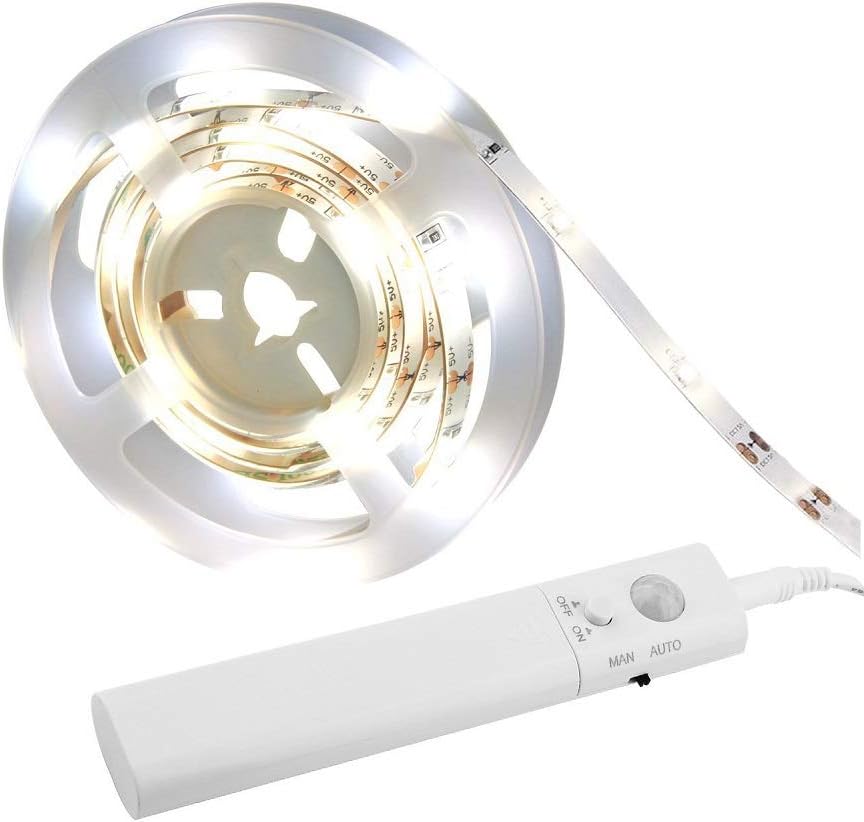 Motion Sensor LED Light Strip, 1M Closet Lights Battery Operated, 3000K Warm White for Under Cabinet Kitchen Lights, Cupboard, Counter, Stairs,Wardrobe, Under Bed Night Lighting