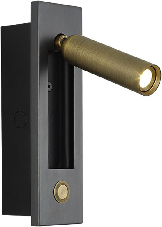 LED Bedroom Lamp Headboard Wall Light Sconce, Bedside Reading Light Recessed Push Switch Wall Lamps, Hotel Bed Side Decorative Wall Sconces Spotlight, 360° Rotatable 92° Foldable (Brass+Black)