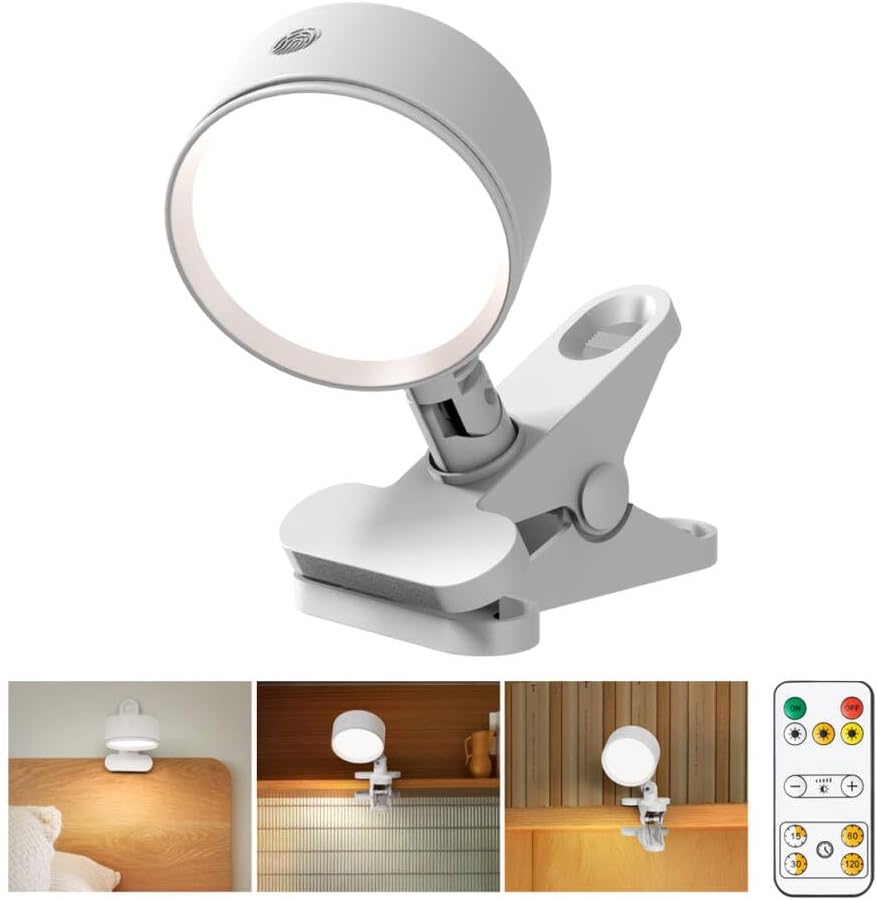 Clip on Light with 5000mAh Rechargeable Battery Operated, Eye Care Reading Light for Bed with 360° Rotation Touch & Remote, USB Clamp Light with 3 Color Modes & Dimmable for Headboard Bedside (black)