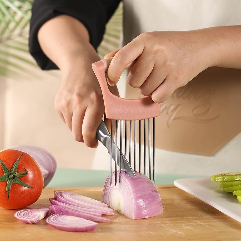 Onion Holder for Slicing, Lemon Slicer Cutter, Food Vegetable Chopper Assistant Tool for Meat, Potato and Tomato (Red, 1PCS)