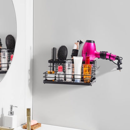 Metal Hair Tool Organizer Wall Mounted, Hair Dryer Holder Basket Storage | Hair Straightener Styling Tools Holder Wall Mount, Bathroom Sink Organizer Countertop for Vanity Makeup Brush, Black