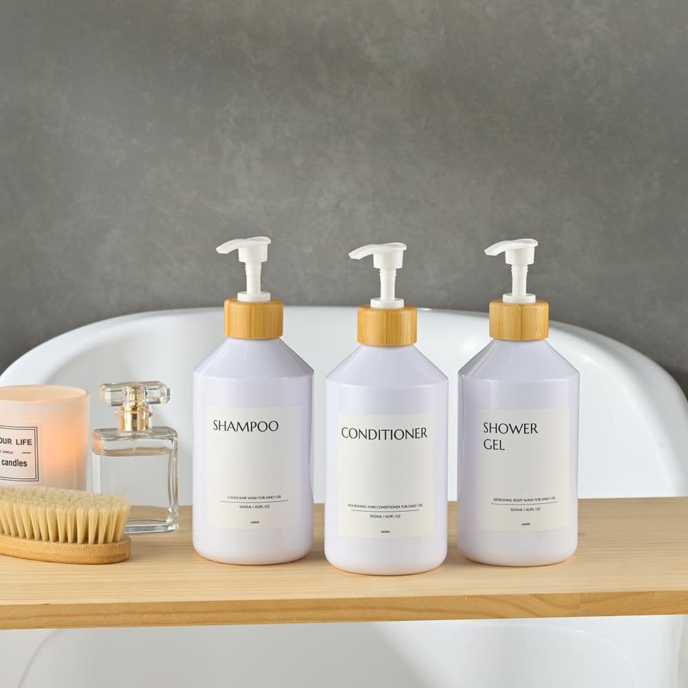 Shampoo and Conditioner Dispenser Set of 3 for Wall Mount | 16.9 fl oz Drill Free Shower Soap Bottles,Refillable Body Wash Dispensers for Bathroom Decor (Amber Bottles + Bamboo Pumps)