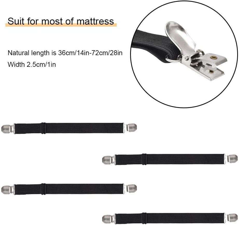 Adjustable Bed Sheet Straps Clips, Elastic Mattress Sheet Fasteners Holder and Suspenders, Grippers to Hold Sheet, Mattress, Sofa, Couch, Table Cloth, Ironing Board Cover, Black