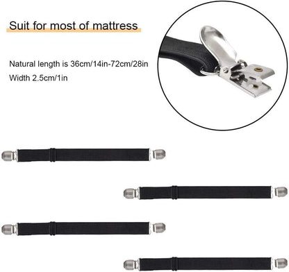 Adjustable Bed Sheet Straps Clips, Elastic Mattress Sheet Fasteners Holder and Suspenders, Grippers to Hold Sheet, Mattress, Sofa, Couch, Table Cloth, Ironing Board Cover, Black